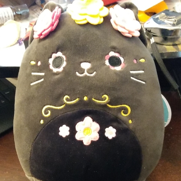 Squshmallows Plush Cat Toy with Floral Accents - Black - Picture 1 of 5